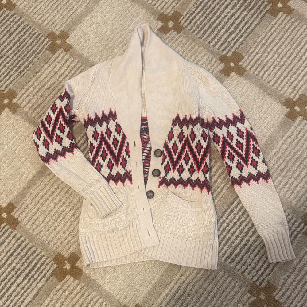 H&M Cream and Red Geometric Cardigan